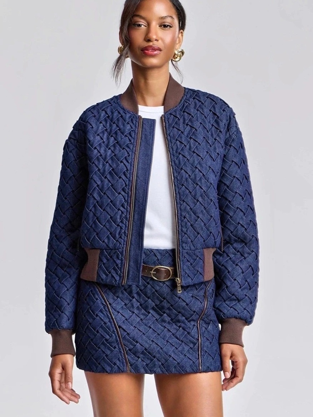 Avec Les Filles Woven Denim Bomber Jacket Blue Brown Size S NWT